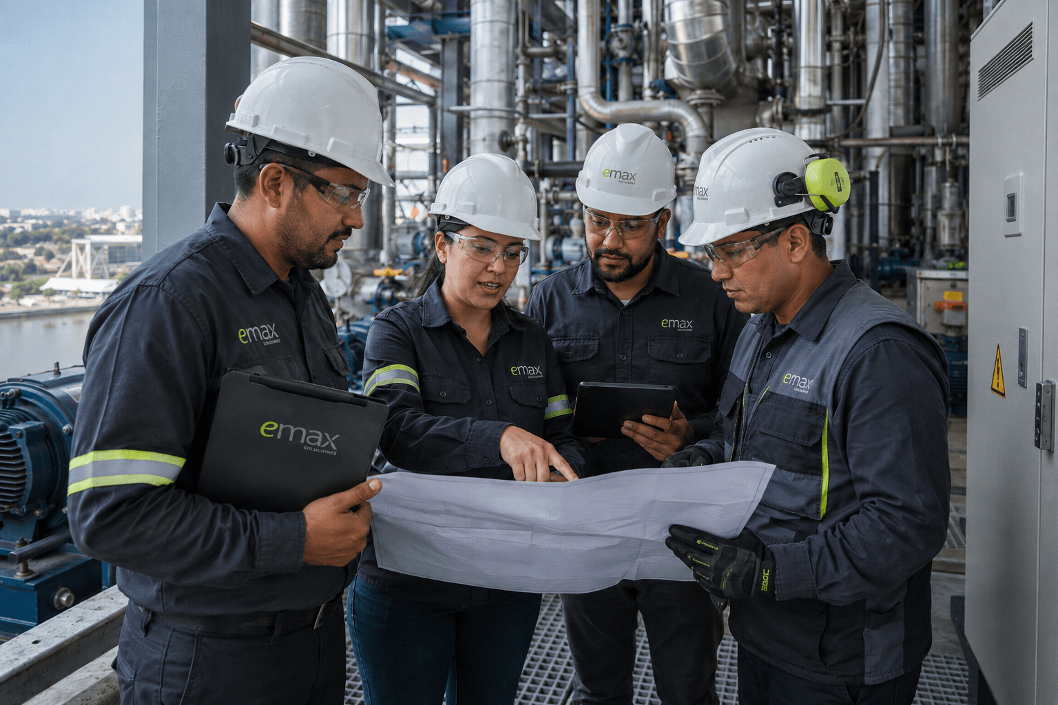 Ingenieros de eMax revisando planos técnicos en planta